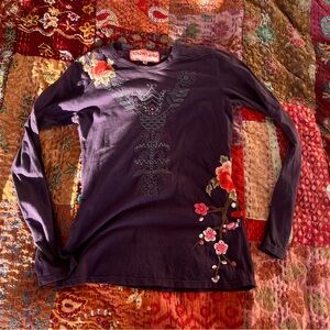 Johnny Was Dark Purple Embroidered Long Sleeve Top